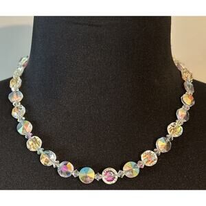 Vintage Hobe Crystal Bead Necklace Silver Tone Aurora Borealis 19"